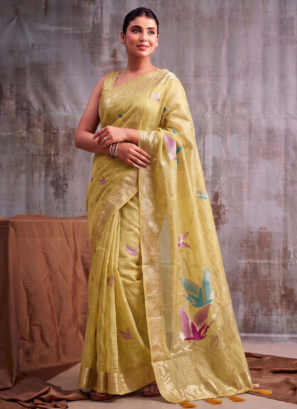 Woven Mustard Cotton Linen Trendy Daily Wear Saree - Buy Online