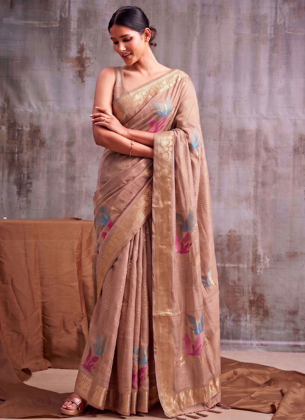 Brown Cotton Linen Woven Classic Saree for Festival - Buy Online