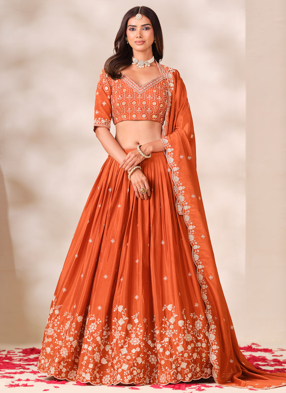 Orange Chinon Silk Embroidered Lehenga Choli for Ceremonial - Buy Online