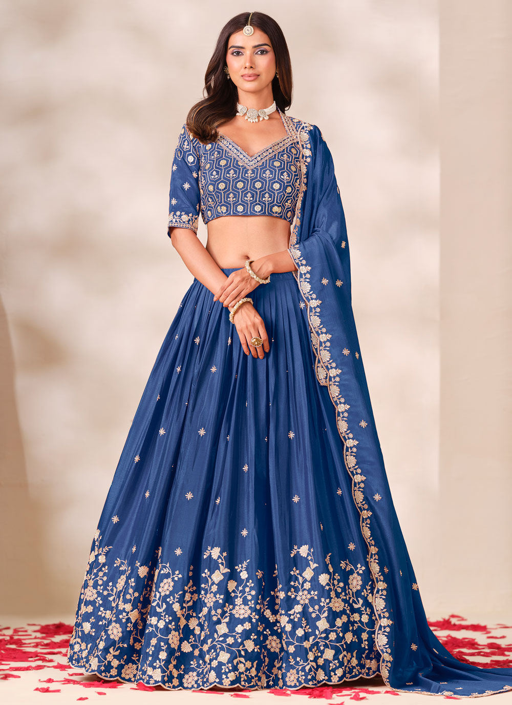 Chinon Silk Blue Thread Embroidered Designer Lehenga Choli - Buy Online