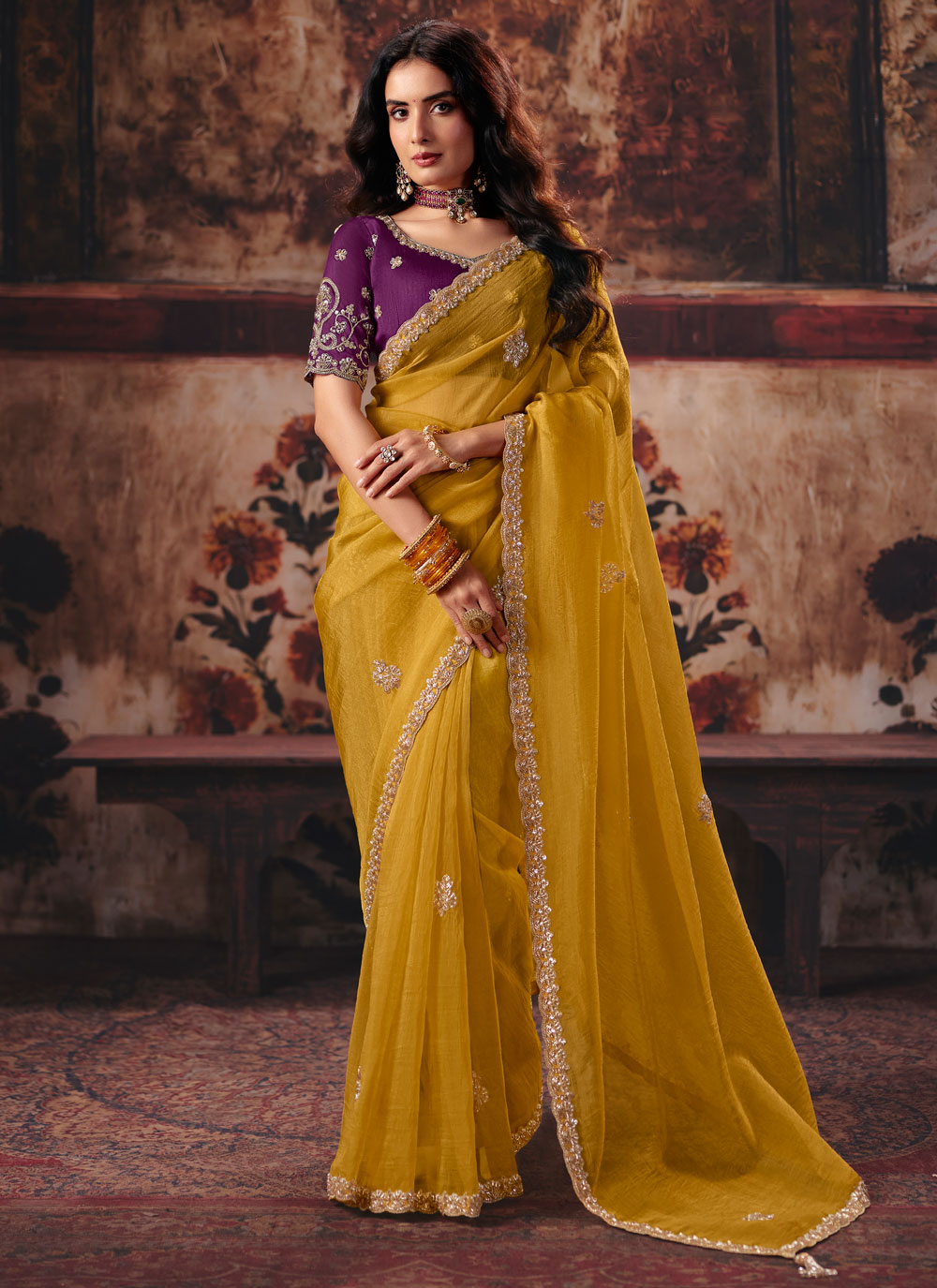 Yellow Organza Beads Sequins Embroidered Designer Saree - Buy Online