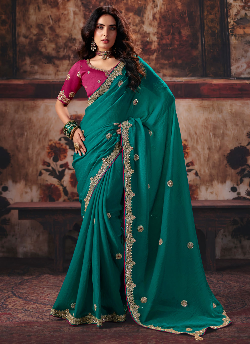 Bemberg Georgette Embroidered Beads Reception Trendy Saree in Rama - Buy Online