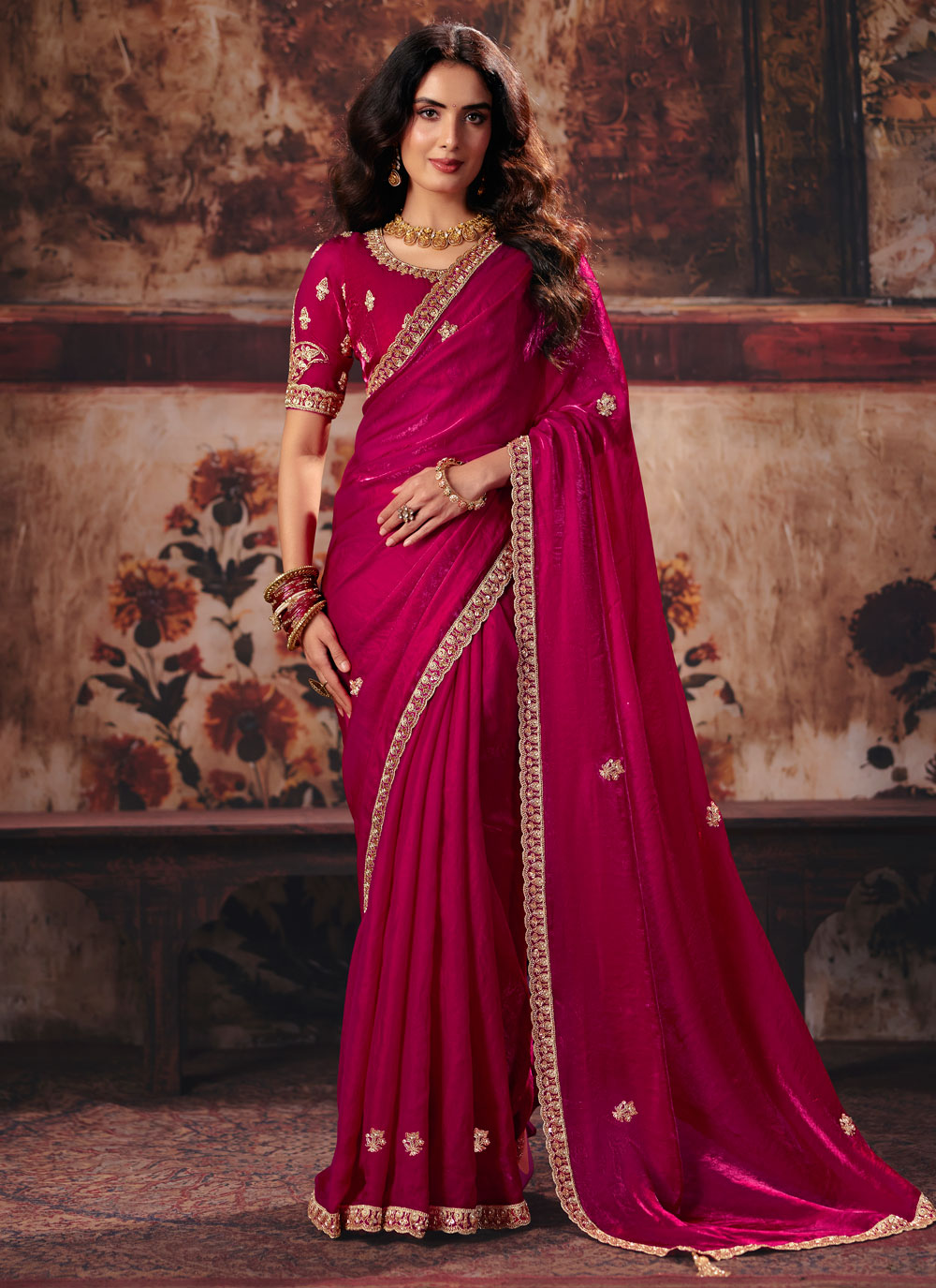 Rani Fandy Satin Sequins Beads Embroidered Saree for Wedding - Buy Online