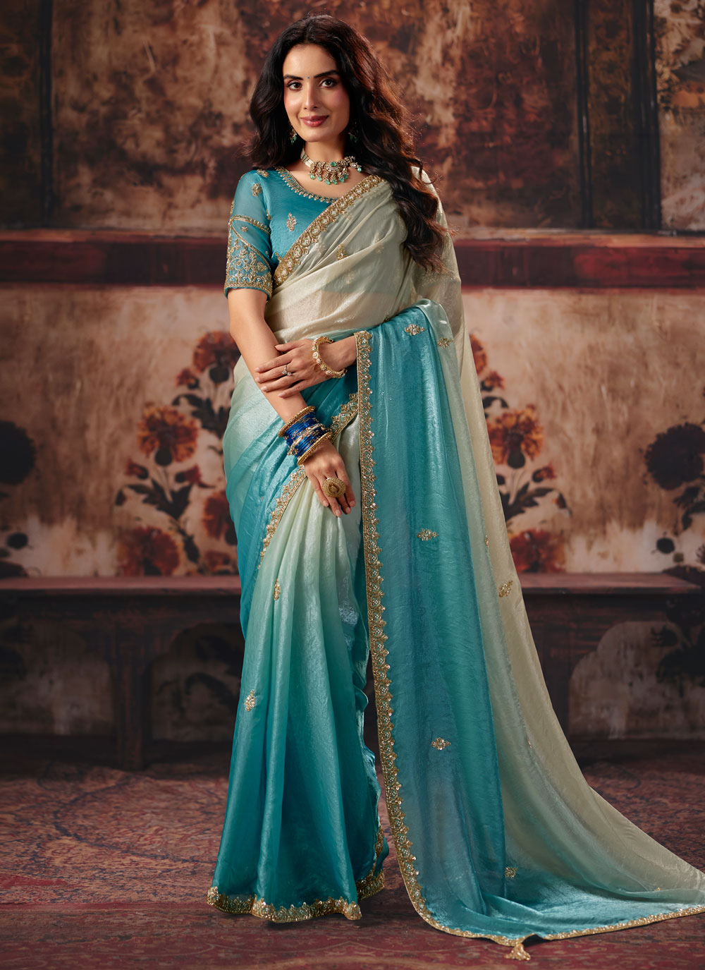 Fandy Satin Aqua Blue and Cream Zari Beads Contemporary Saree - Buy Online
