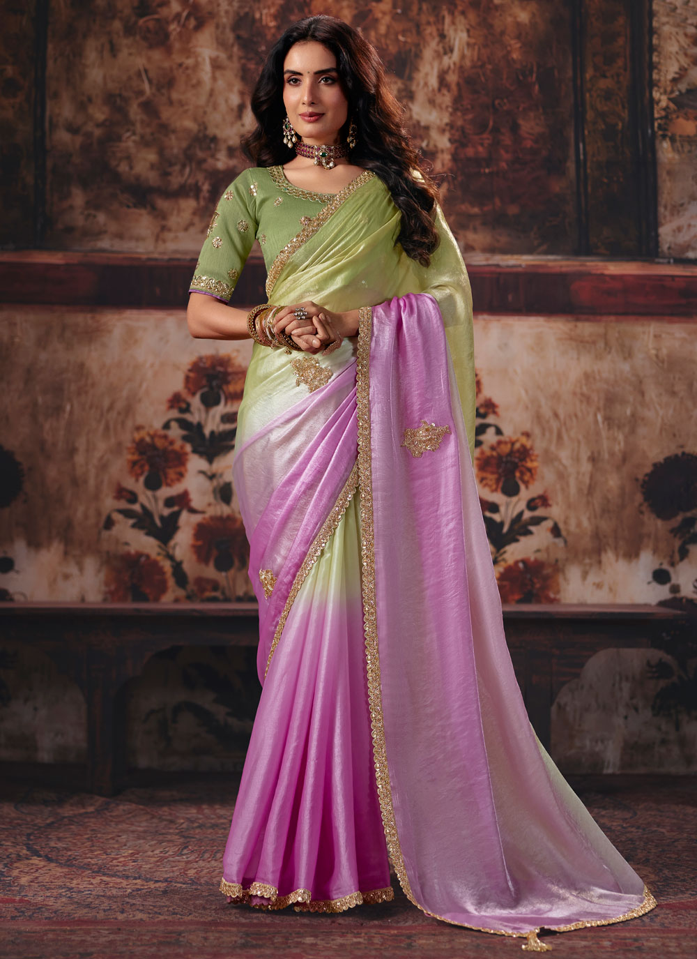 Green and Pink Fandy Satin Embroidered Designer Saree - Buy Online