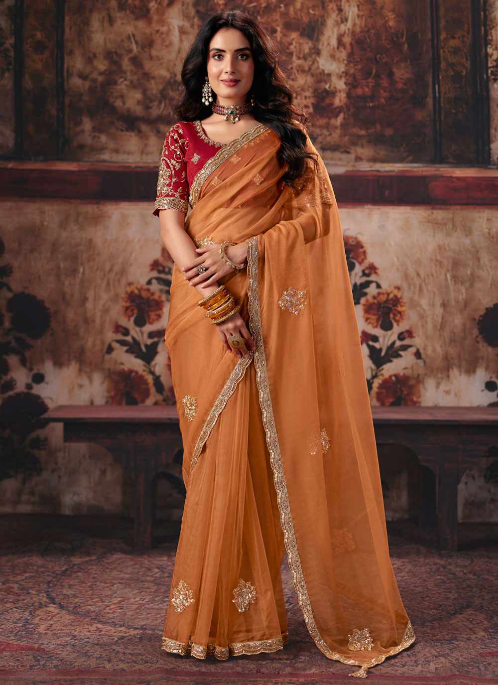 Orange Beads Zari Embroidered Organza Saree for Engagement - Buy Online