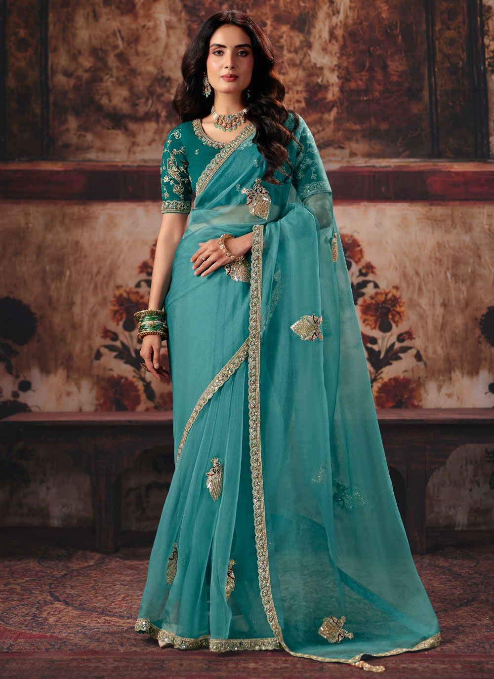 Organza Aqua Blue Sequins Beads Zari Work Classic Saree - Buy Online