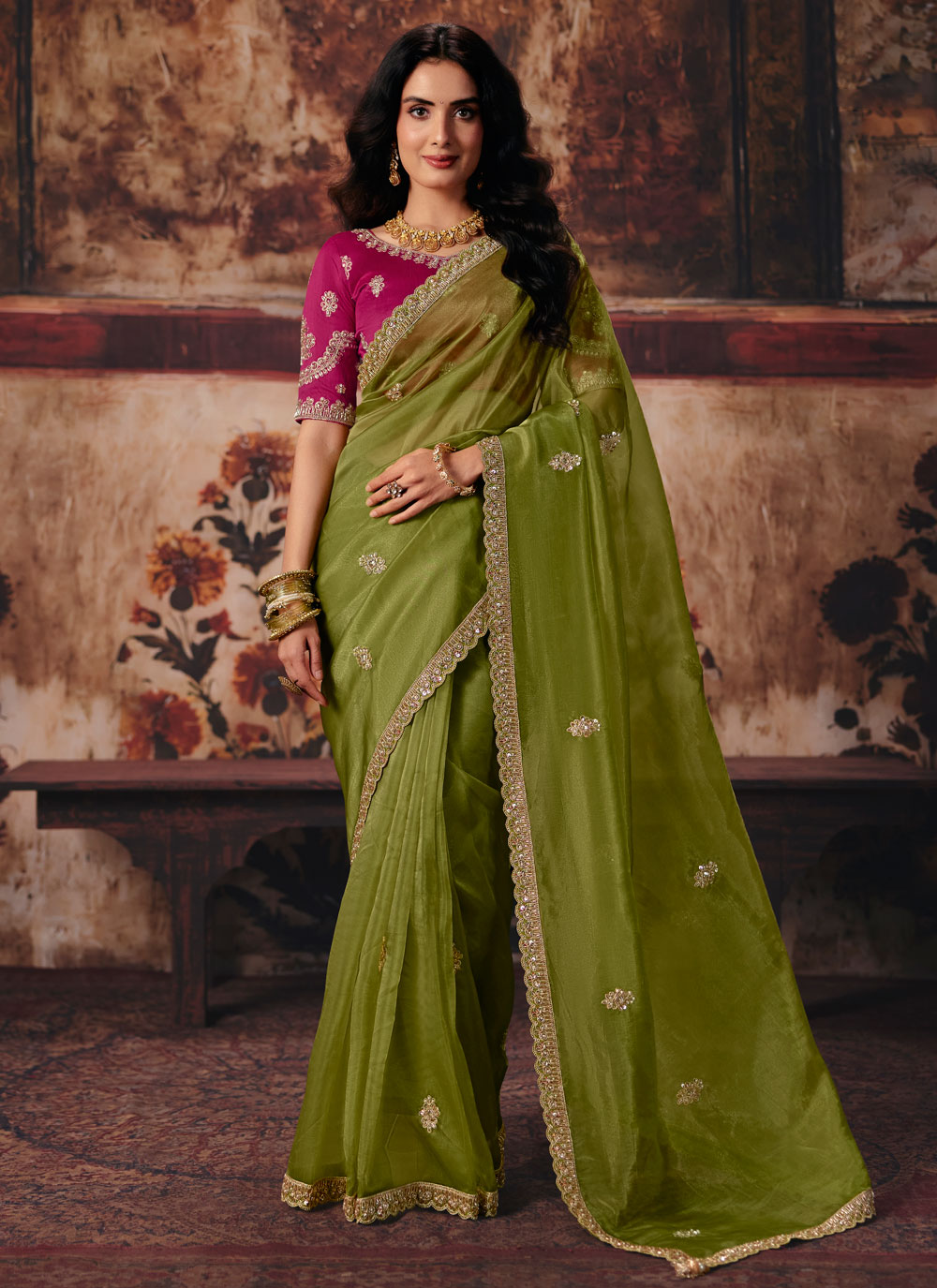Green Beads Embroidered Organza Contemporary Saree for Ceremonial - Buy Online