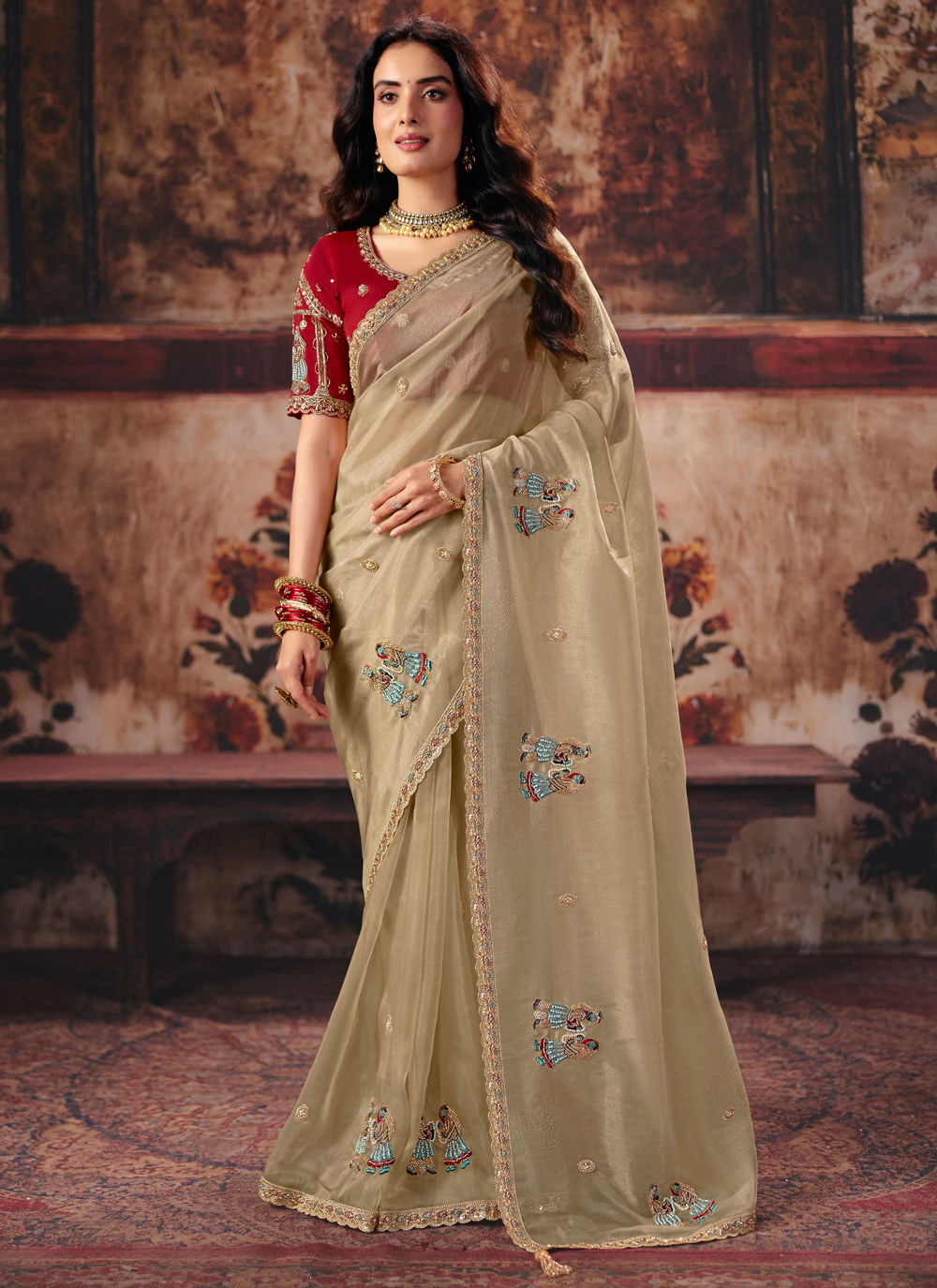 Organza Beads Sequins Zari Work Cream Traditional Saree - Buy Online