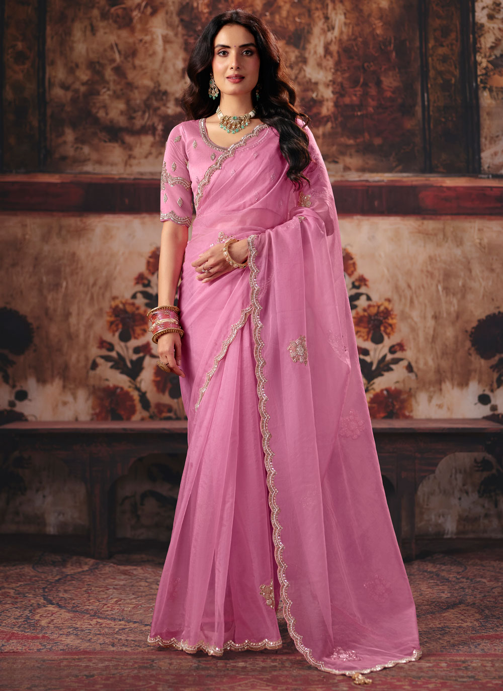 Pink Beads Embroidery Work Organza Engagement Trendy Saree - Buy Online