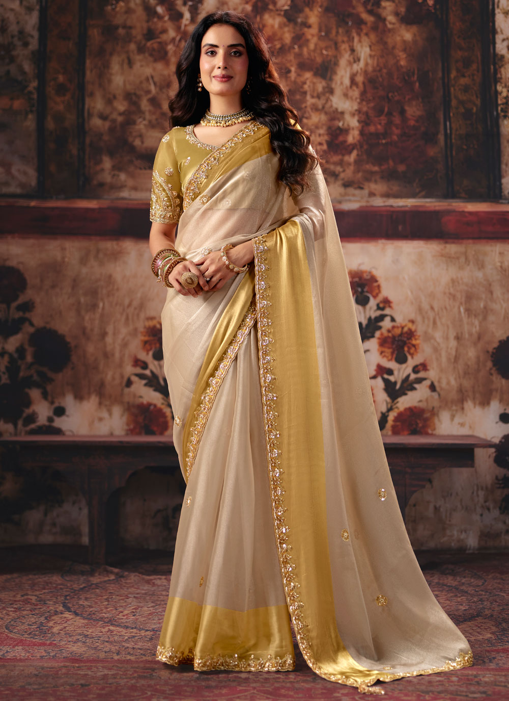 Satin Embroidered Cream and Yellow Designer Saree - Buy Online