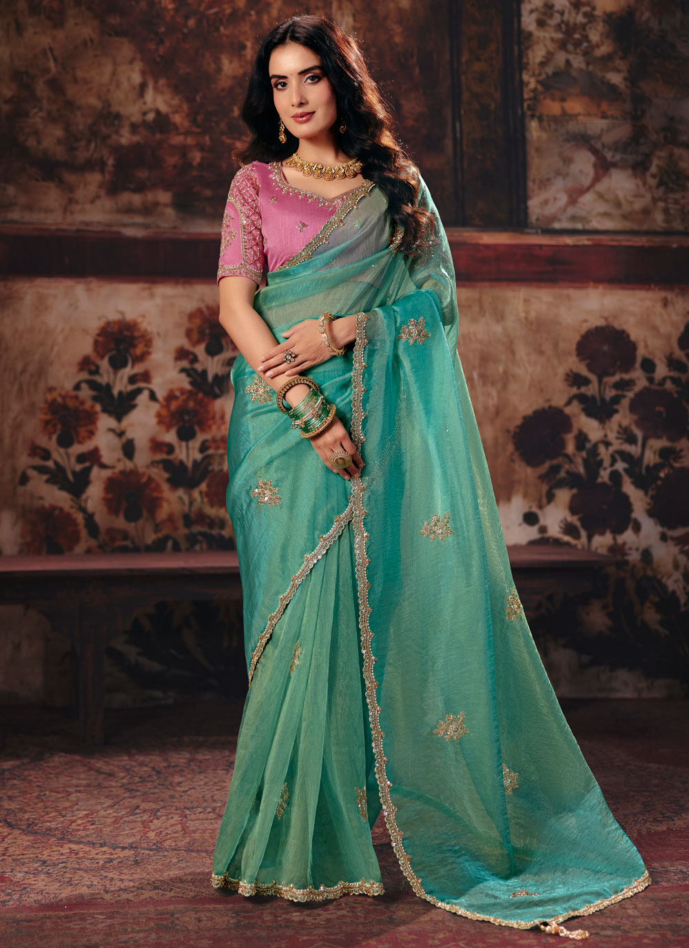 Beads Embroidered Organza Classic Reception Saree in Turquoise - Buy Online