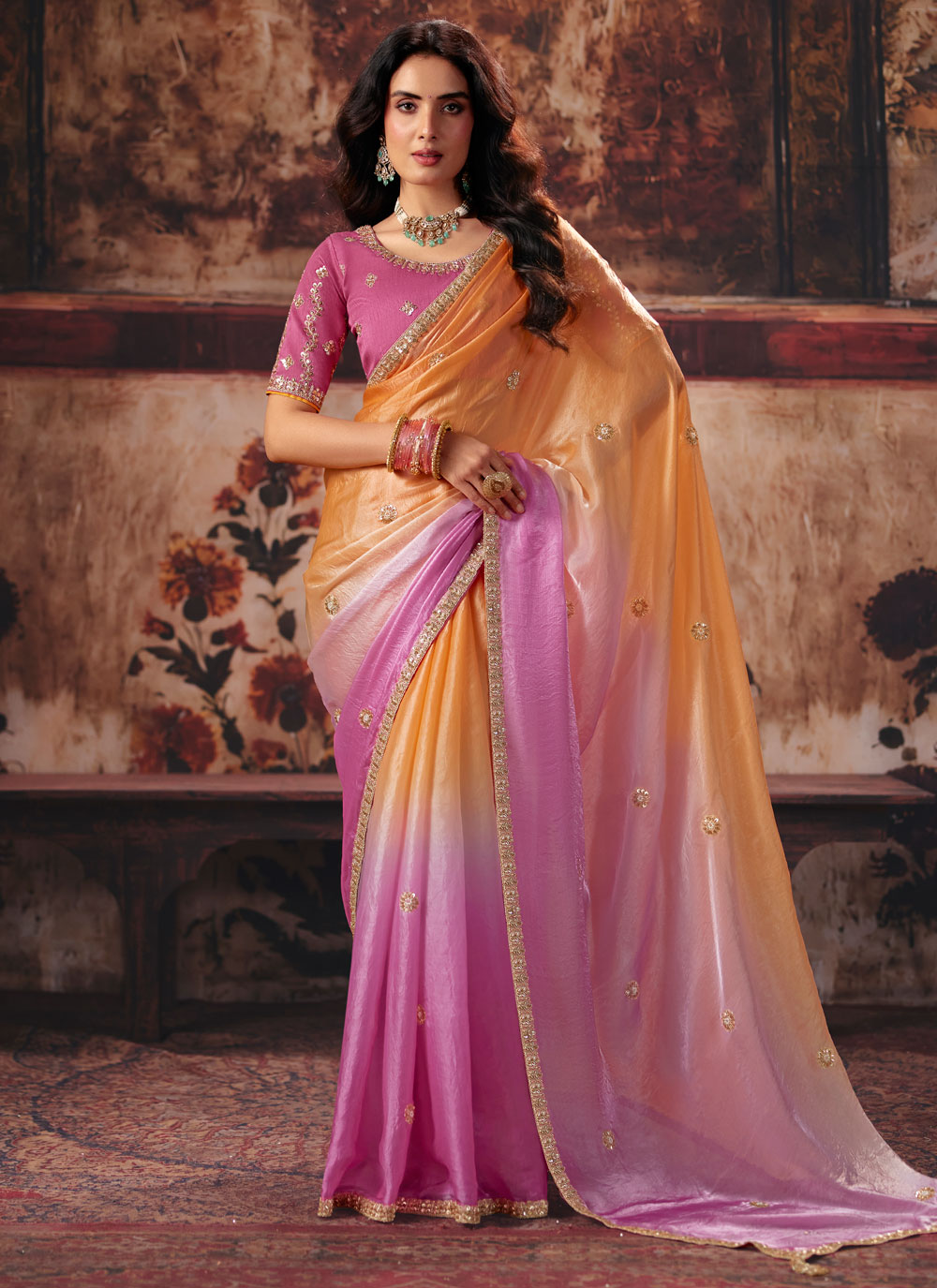 Orange and Pink Fandy Satin Beads Sequins Contemporary Saree - Buy Online