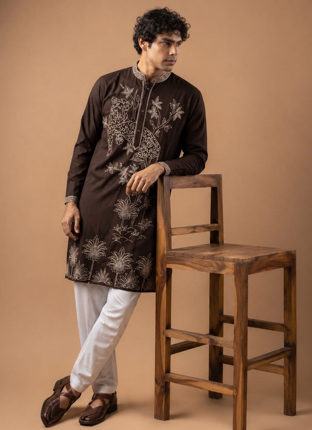 Viscose Silk Brown Embroidered Kurta Pyjama for Men - Buy Online