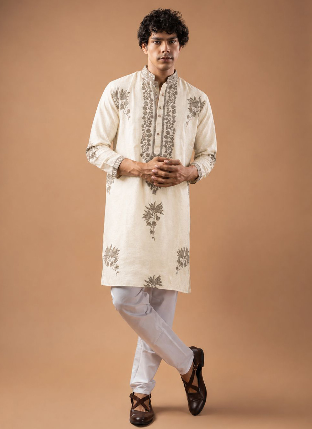 Embroidered Viscose Silk White Festival Kurta Pyjama - Buy Online