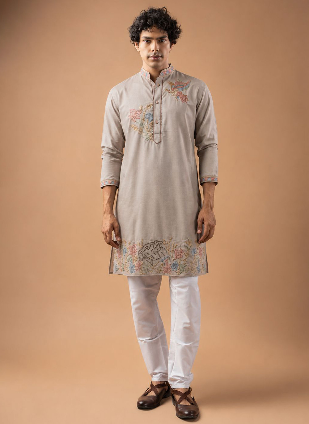 Beige Silk Embroidered Readymade Kurta Pyjama - Buy Online