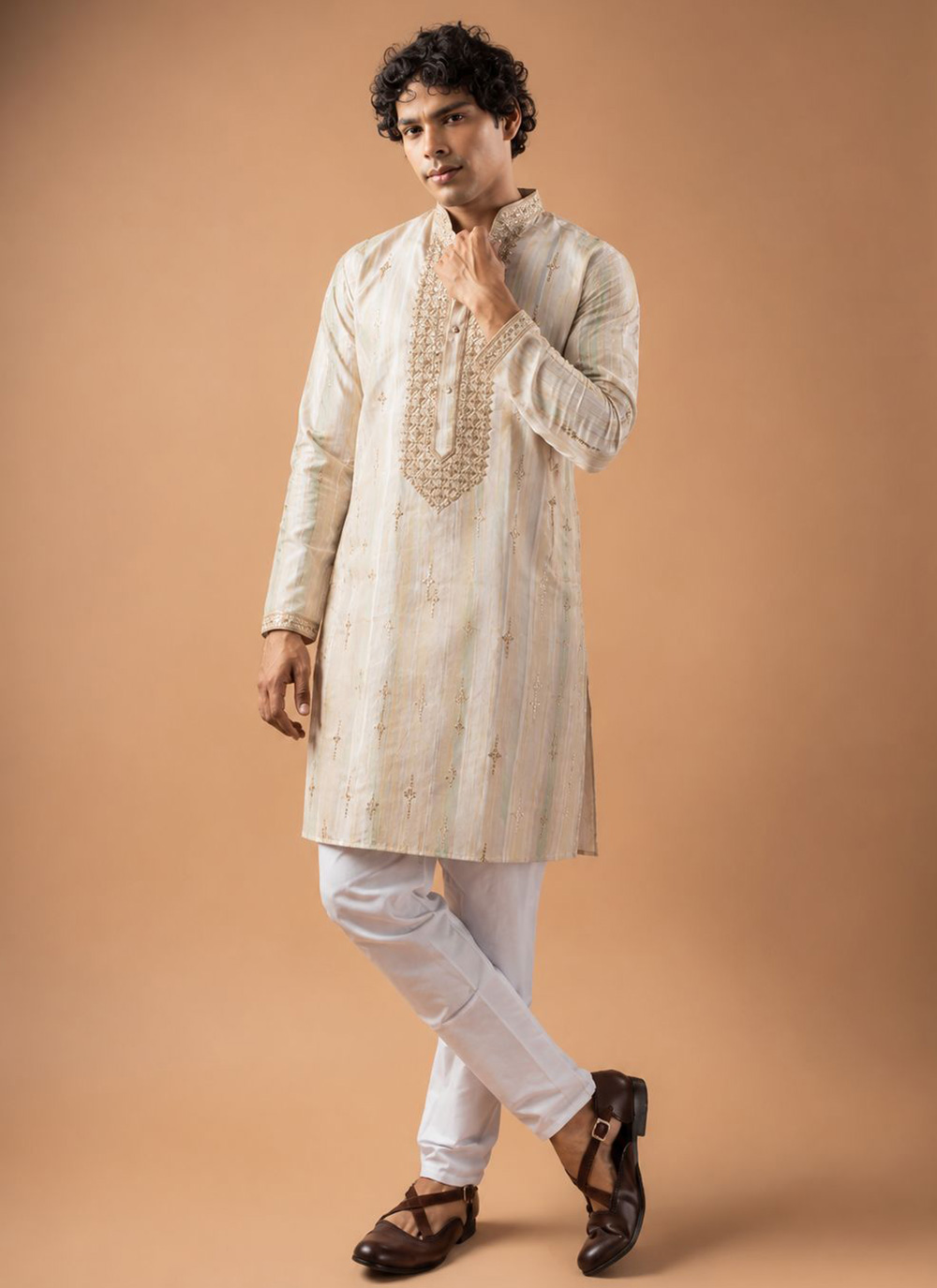 Viscose Silk Beige Embroidered Kurta Pyjama for Ceremonial - Buy Online