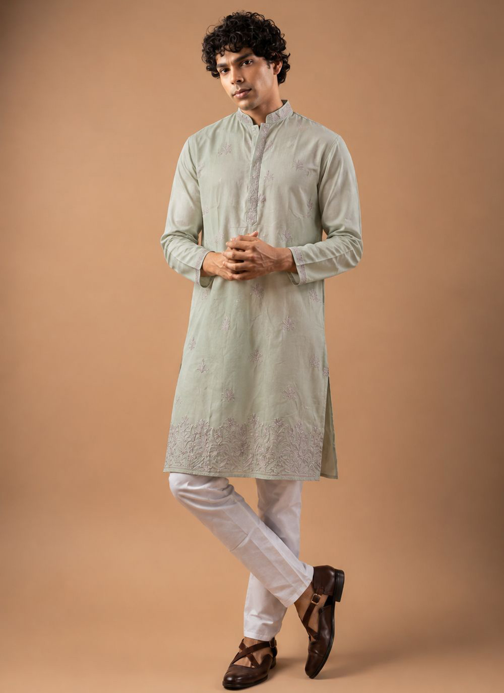 Green Embroidered Viscose Silk Kurta Pyjama - Buy Online