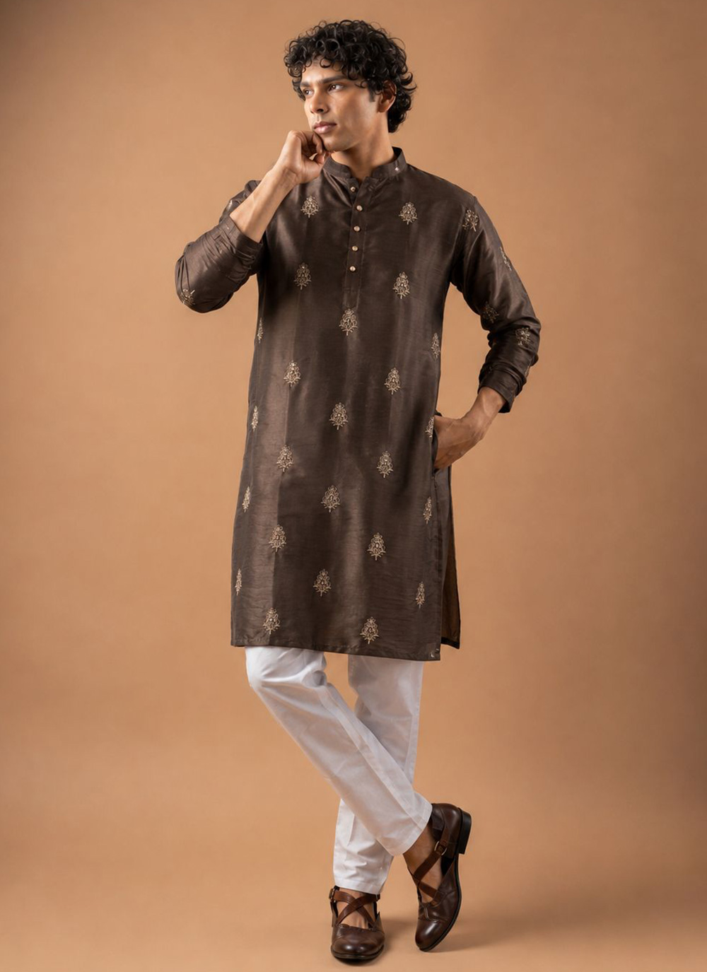 Embroidered Viscose Brown Kurta Pyjama for Festival - Buy Online