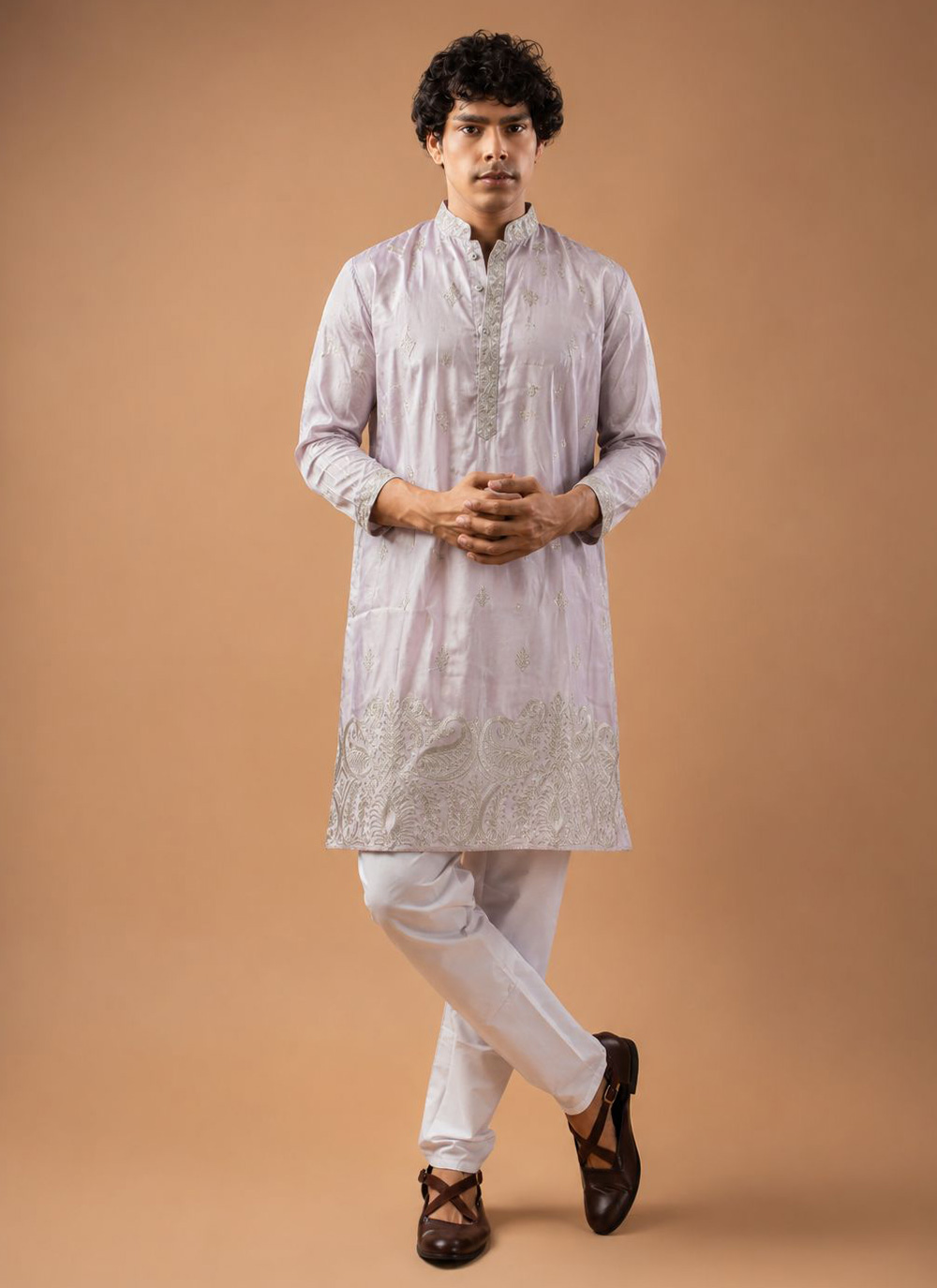 Embroidered Viscose Silk Pink Kurta Pyjama - Buy Online