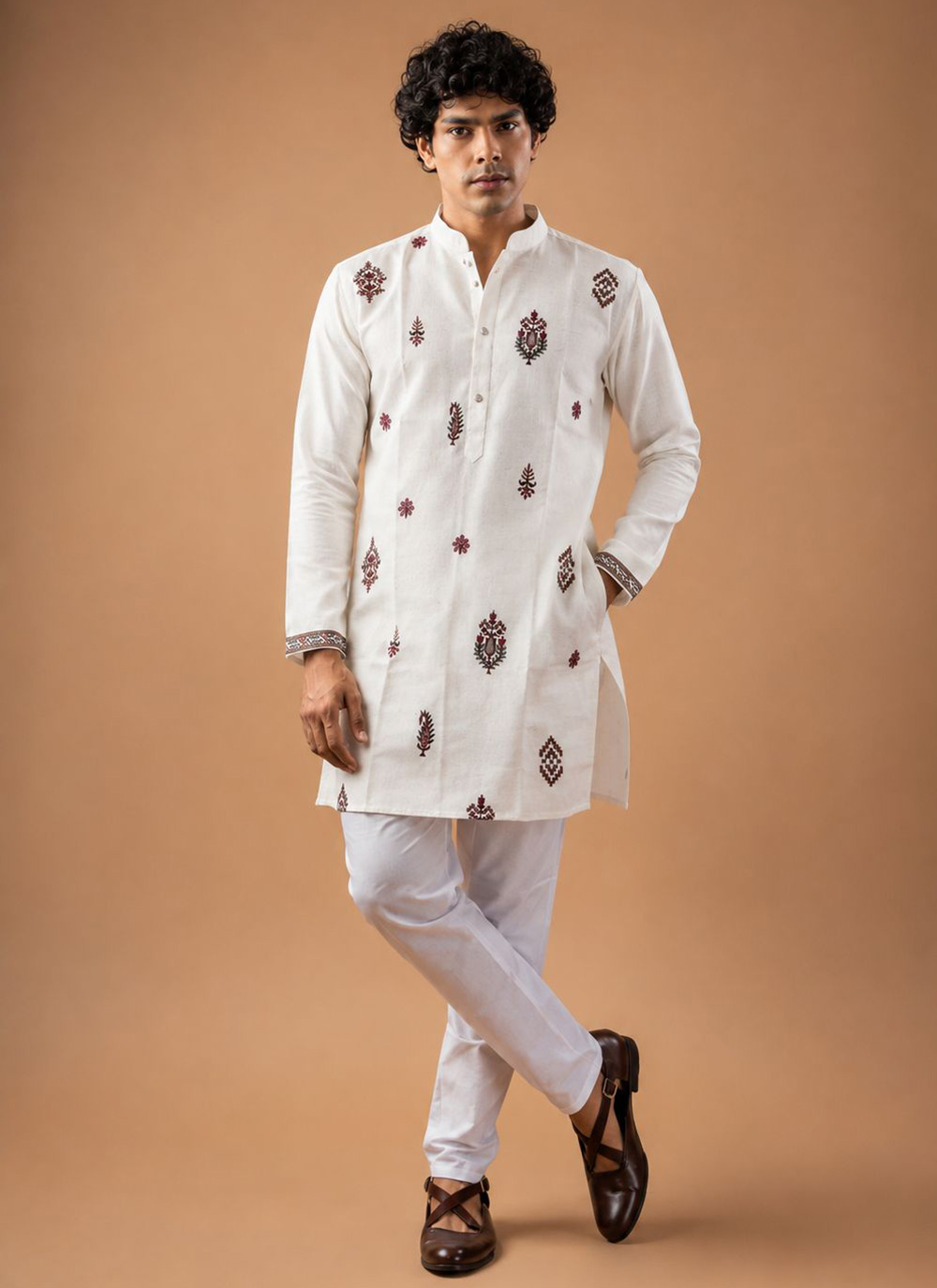 White Embroidered Kurta Pyjama Set in Viscose Silk - Buy Online