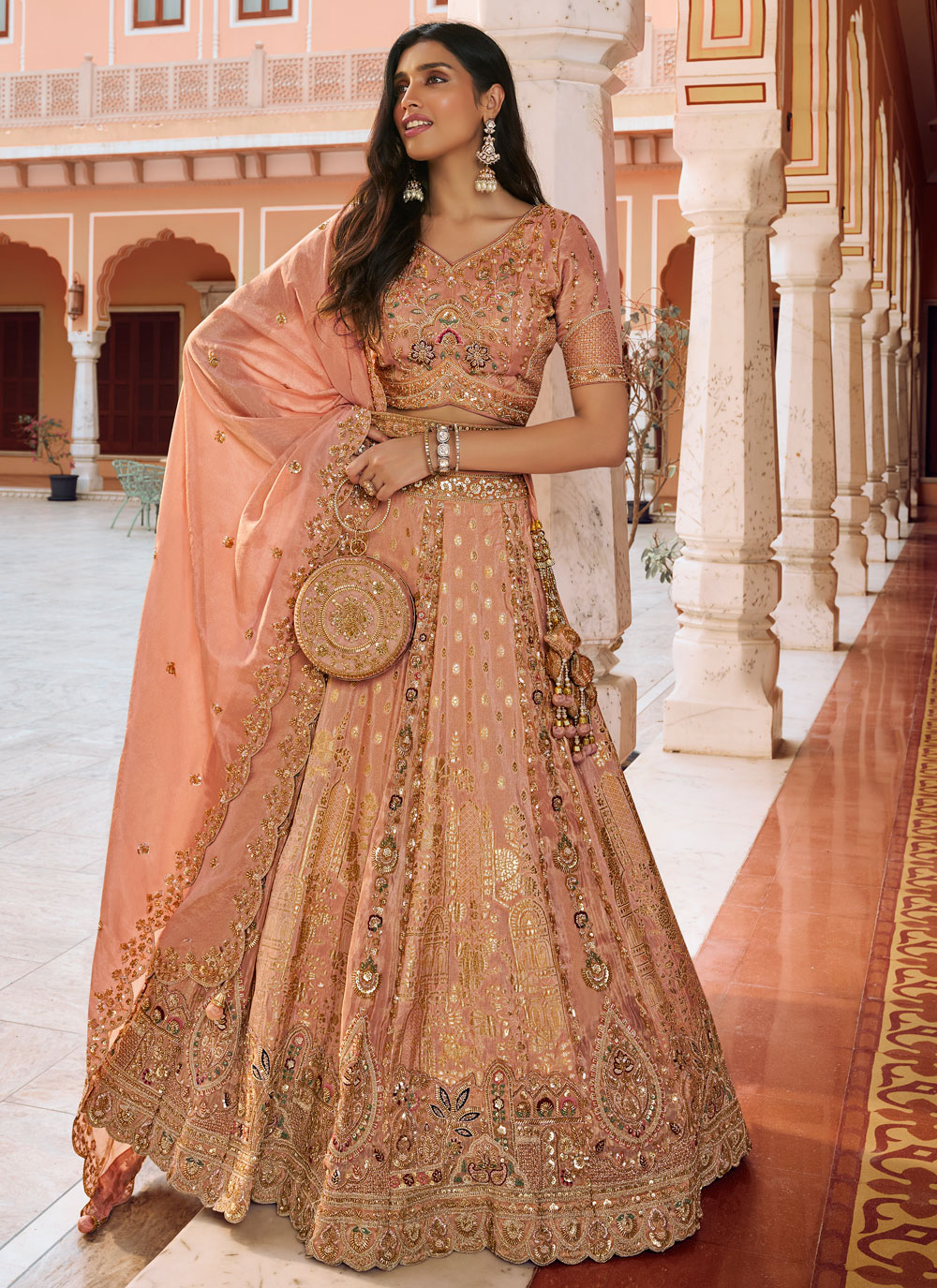 Banarasi Silk Peach Stone Sequins Khatli Work Reception Lehenga Choli - Buy Online