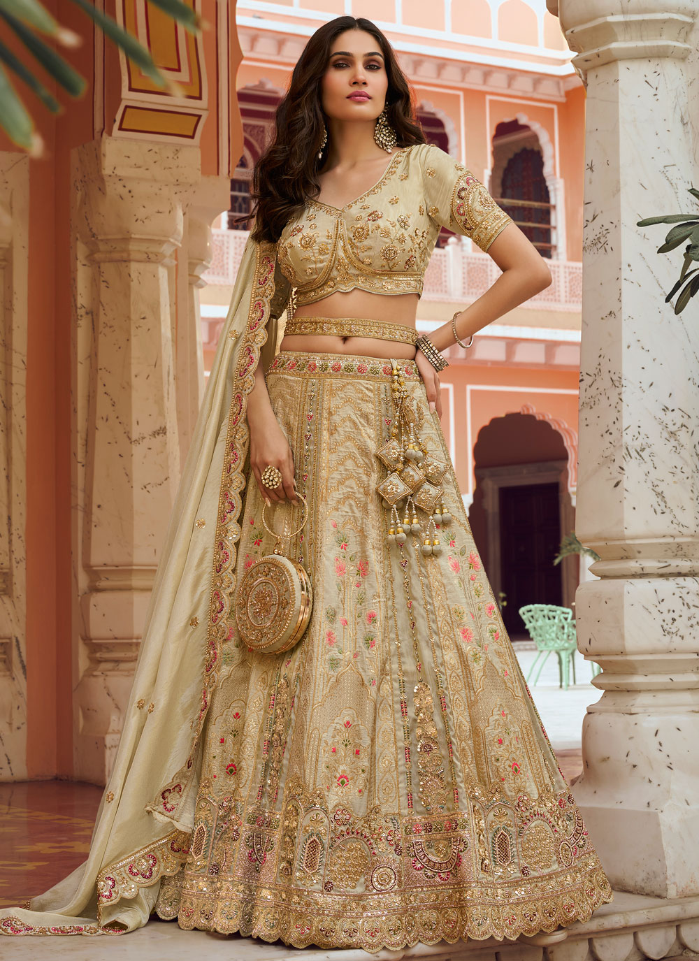 Cream Banarasi Silk Embroidered Stone Zari Work Lehenga Choli for Wedding - Buy Online
