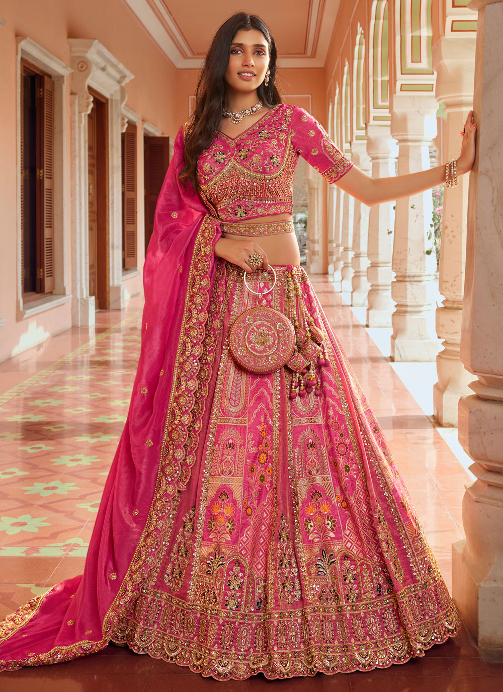 Banarasi Silk Khatli Stone Embroidered Pink Engagement Lehenga Choli - Buy Online
