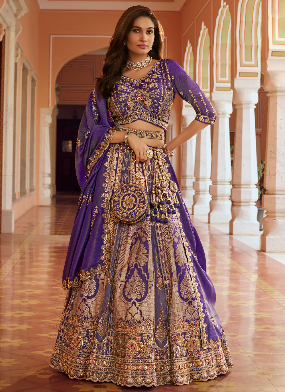 Purple Zari Sequins Khatli Work Banarasi Silk Designer Lehenga Choli - Buy Online