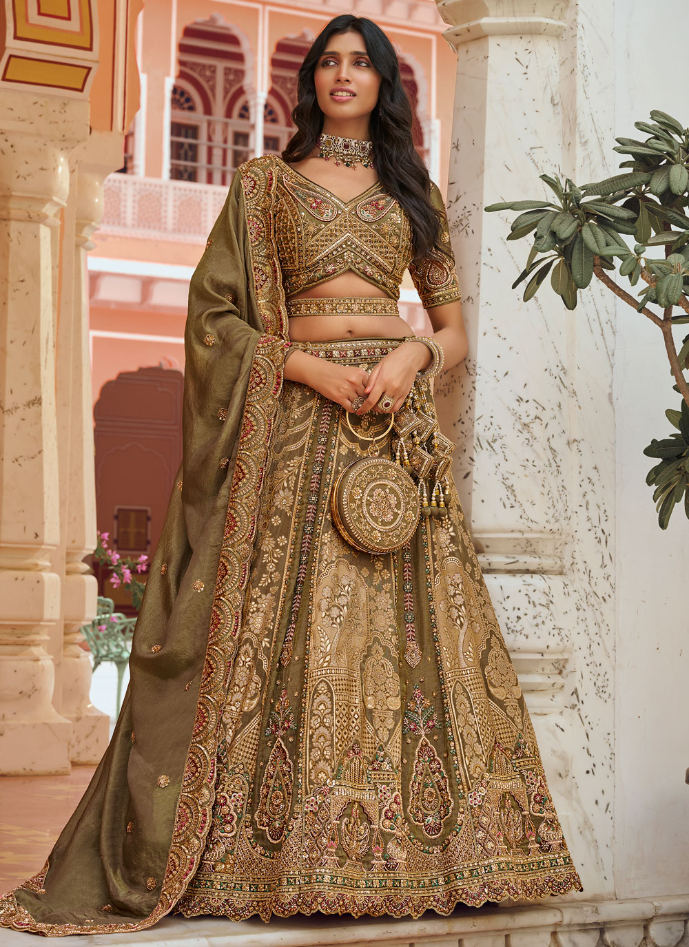 Green Banarasi Silk Embroidered Lehenga Choli for Wedding - Buy Online