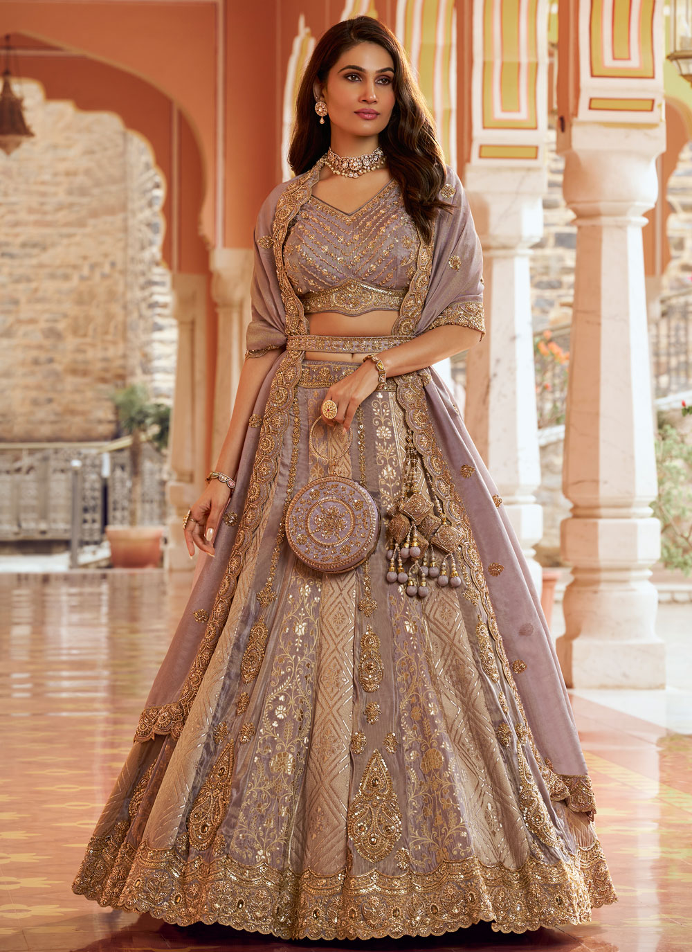 Embroidered Banarasi Silk Lavender Designer Reception Lehenga Choli - Buy Online