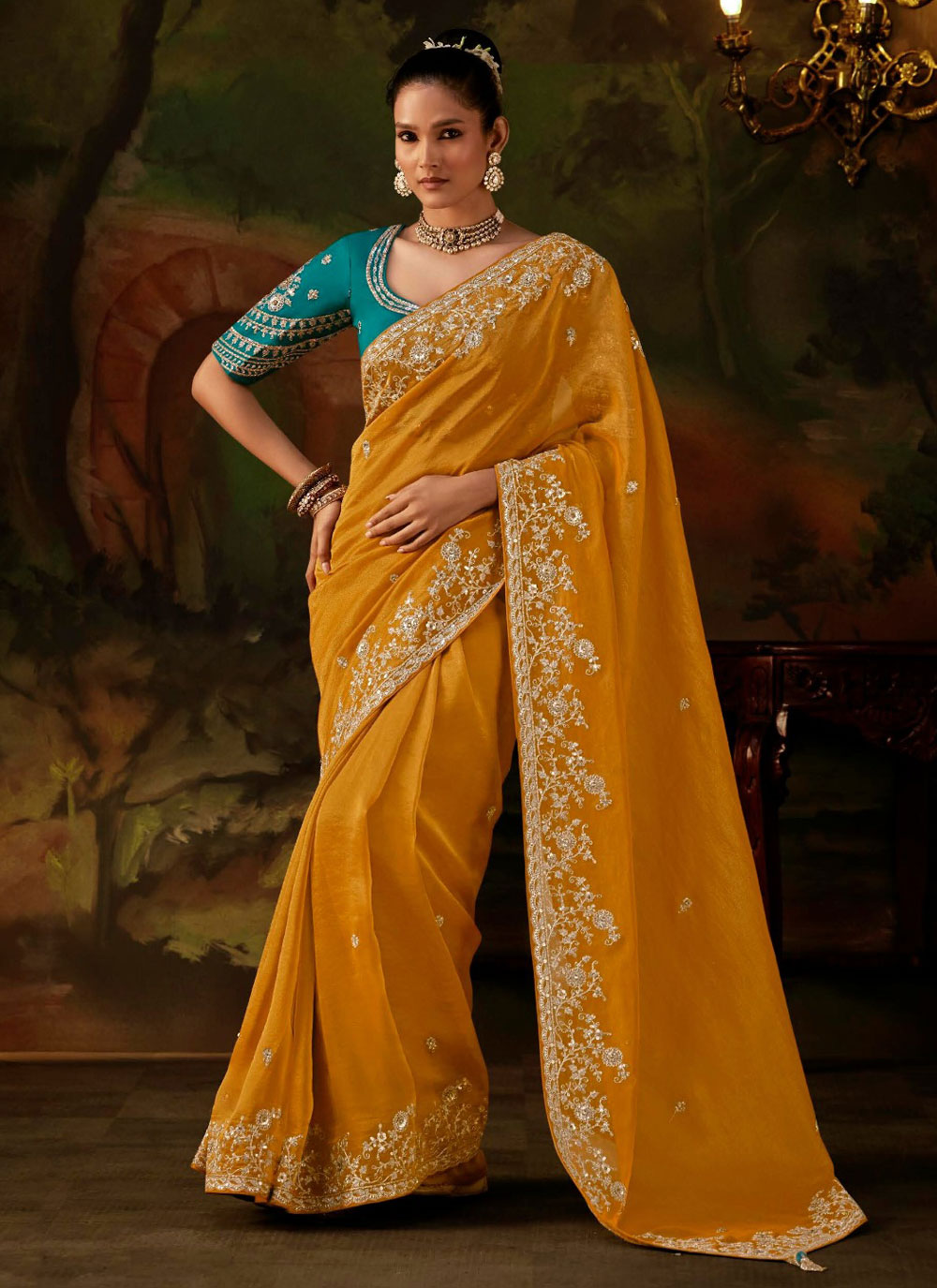 Yellow Viscose Tissue Zari Embroidered Designer Saree - Buy Online