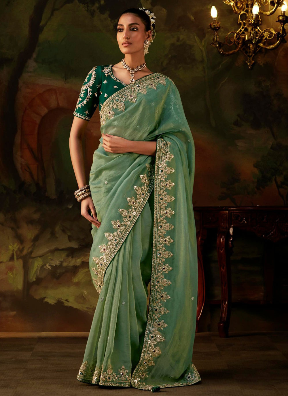 Viscose Tissue Sea Green Sequins Embroidered Classic Saree - Buy Online