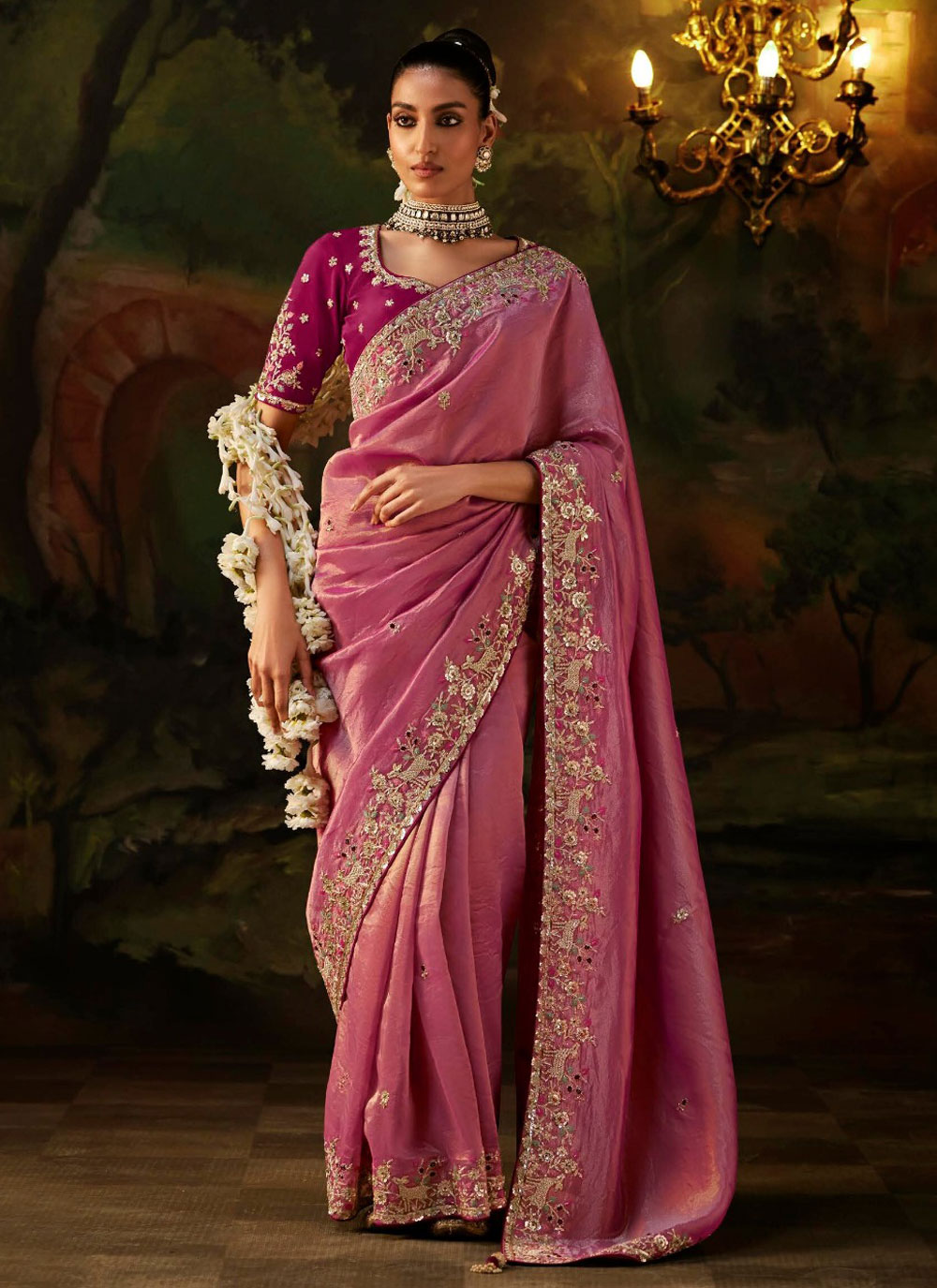 Tissue Sequins Zari Work Pink Trendy Saree for Engagement - Buy Online