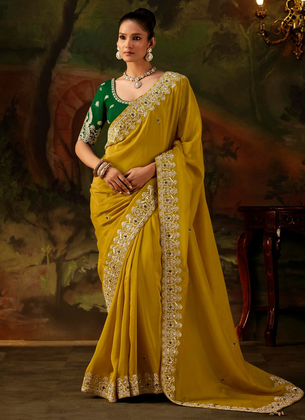 Mustard Embroidered Tissue Ceremonial Traditional Saree - Buy Online