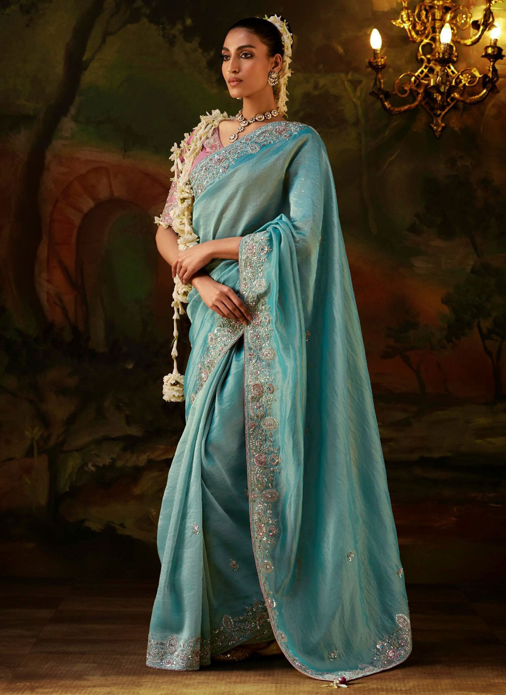 Viscose Tissue Aqua Blue Sequins Zari Contemporary Saree - Buy Online