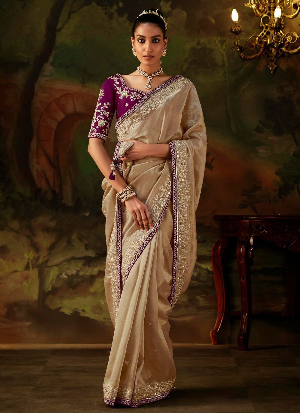 Embroidered Cream Viscose Tissue Designer Saree for Reception - Buy Online