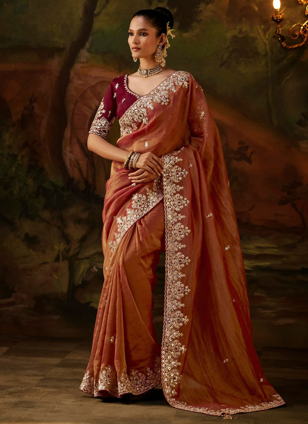 Rust Tissue Viscose Sequins Zari Embroidered Classic Saree - Buy Online