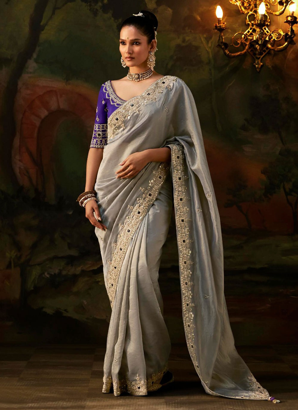 Viscose Tissue Embroidered Sequins Trendy Saree in Grey - Buy Online