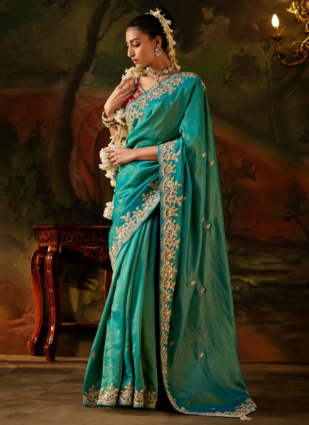 Sea Green Tissue Sequins Embroidered Contemporary Saree - Buy Online