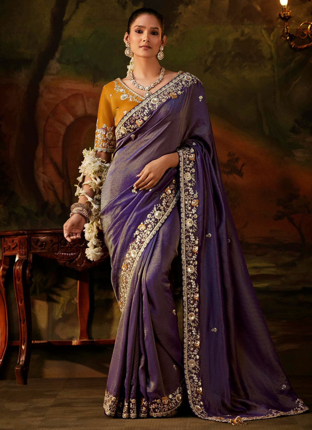 Purple Zari Sequins Work Viscose Tissue Saree for Wedding - Buy Online