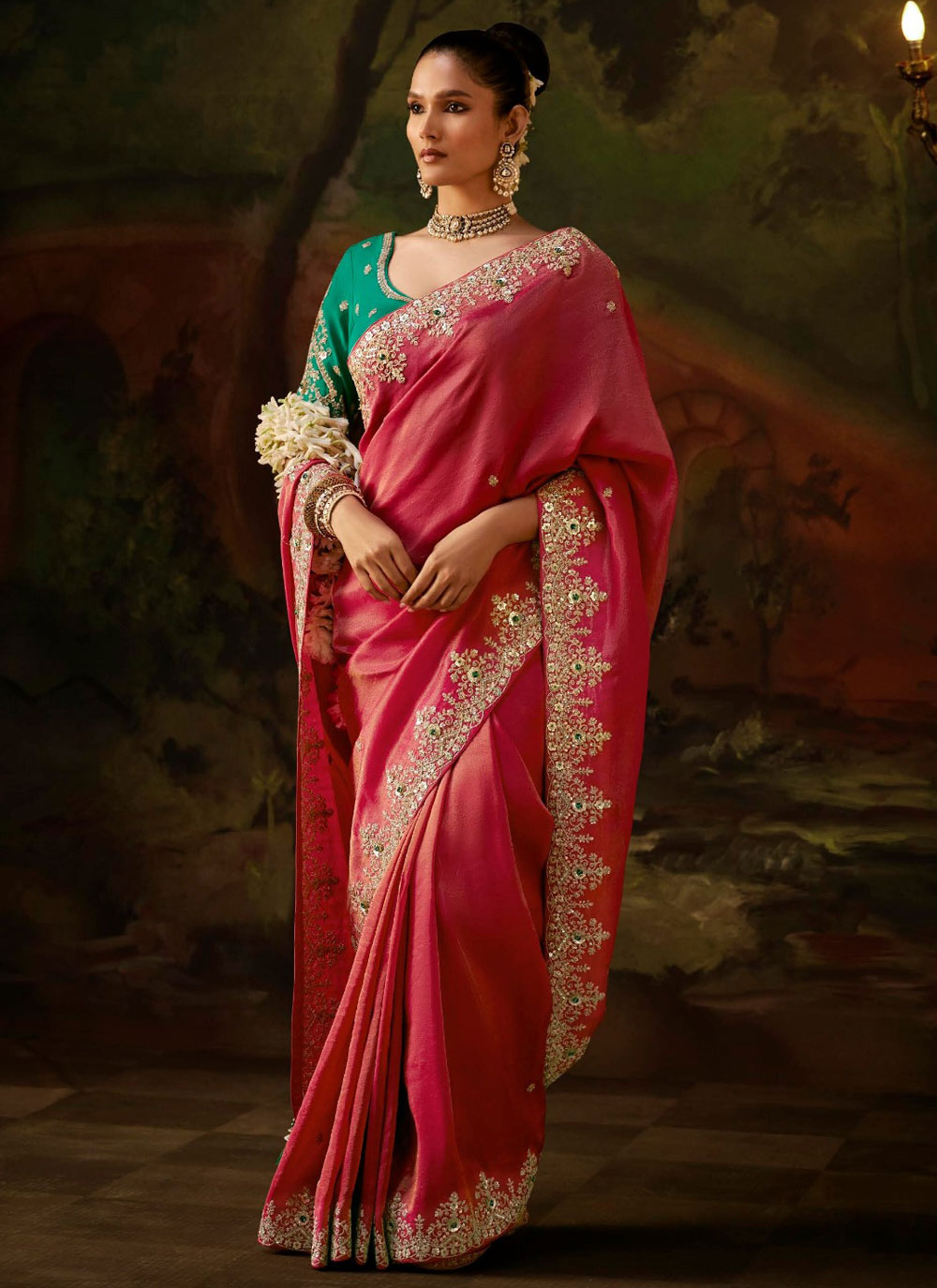 Tissue Viscose Pink Sequins Embroidered Designer Saree - Buy Online