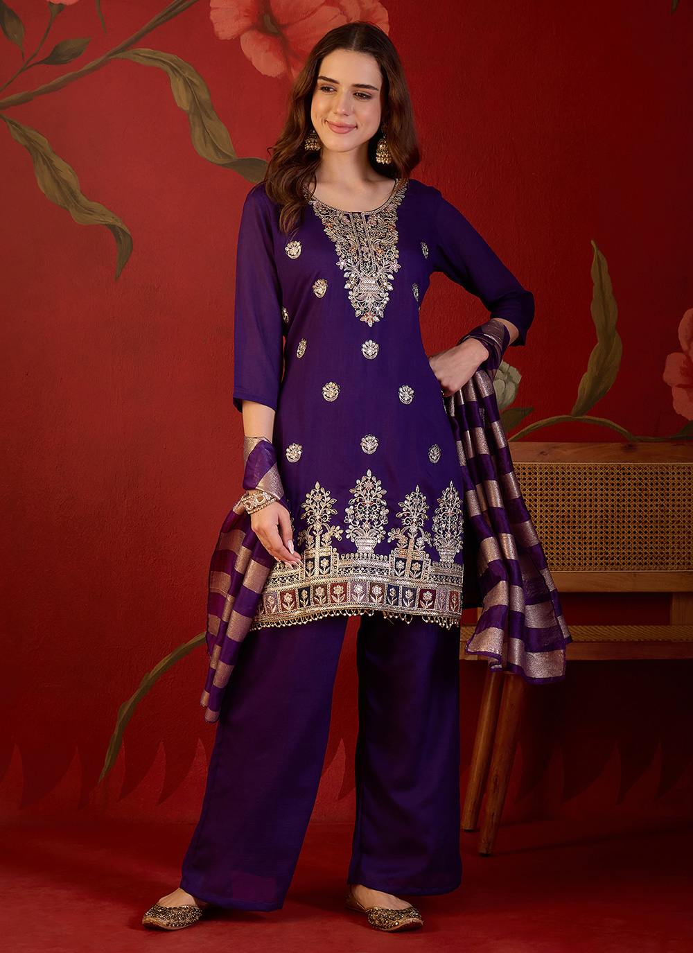 Violet Embroidered Vichitra Silk Readymade Salwar Suit - Buy Online