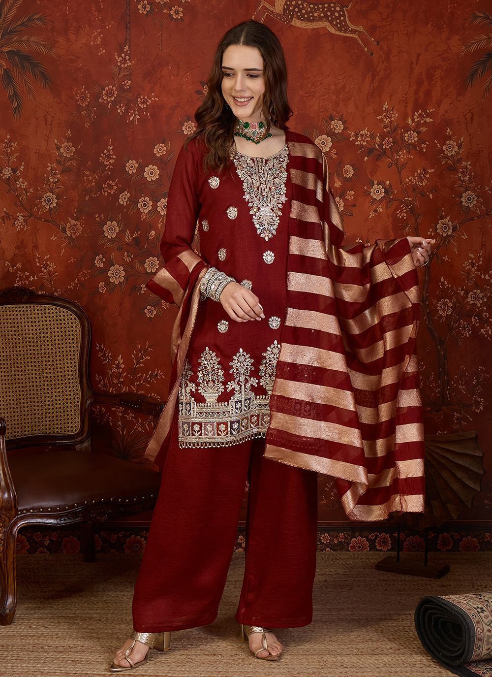 Embroidered Maroon Vichitra Silk Salwar Kameez - Buy Online