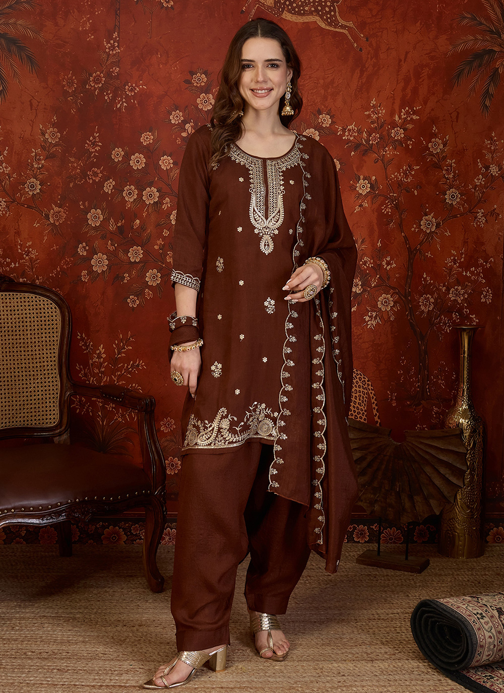 Vichitra Silk Brown Embroidered Trendy Salwar Kameez - Buy Online