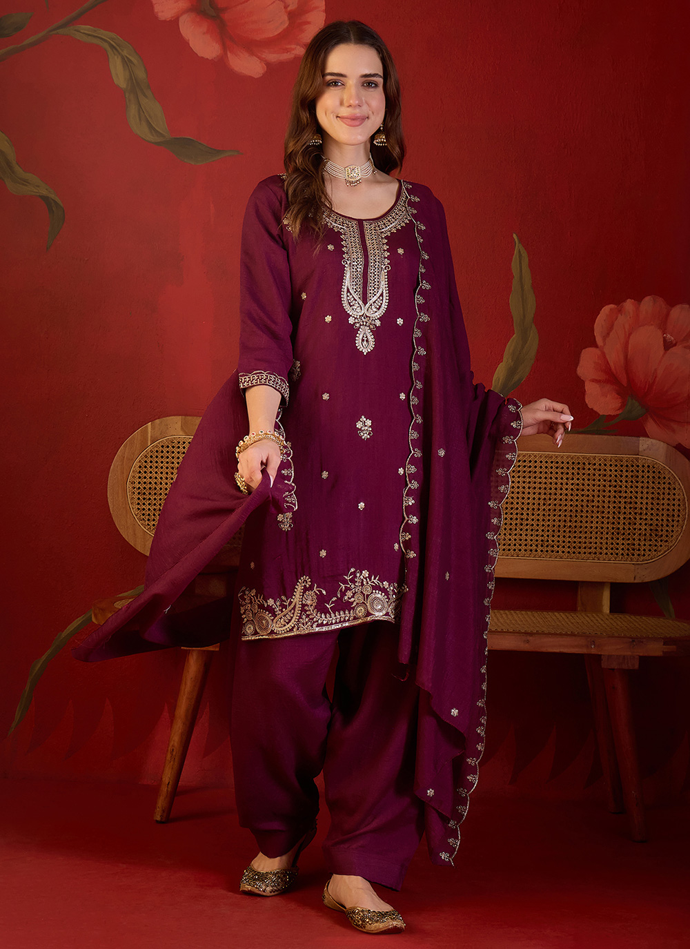Burgundy Embroidered Vichitra Silk Salwar Suit - Buy Online