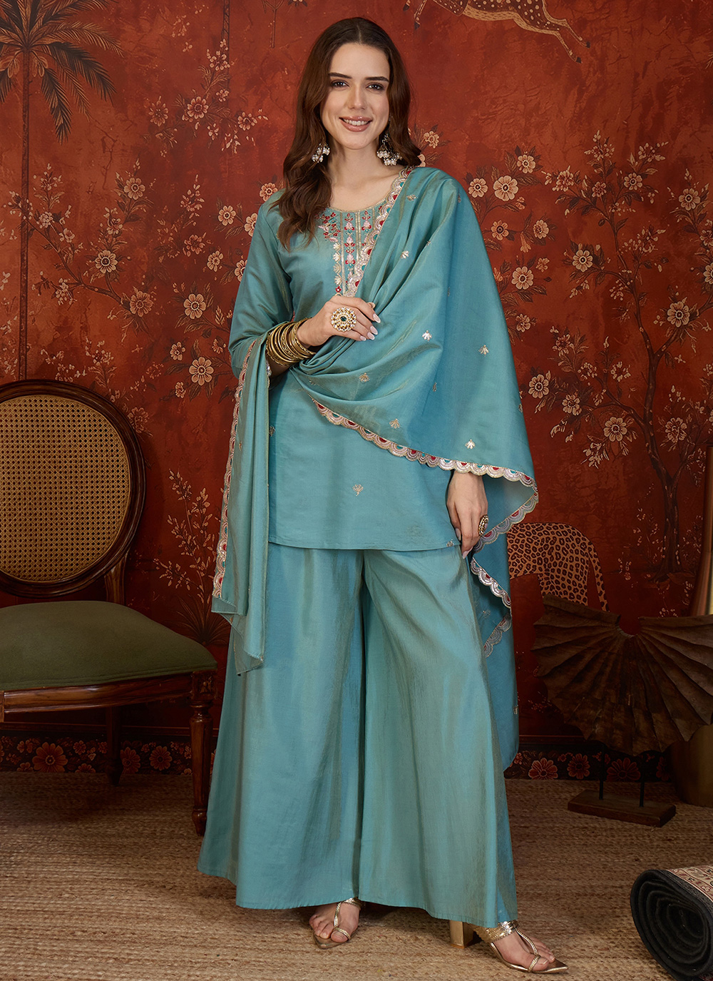 Embroidered Aqua Blue Shimmer Palazzo Salwar Kameez - Buy Online