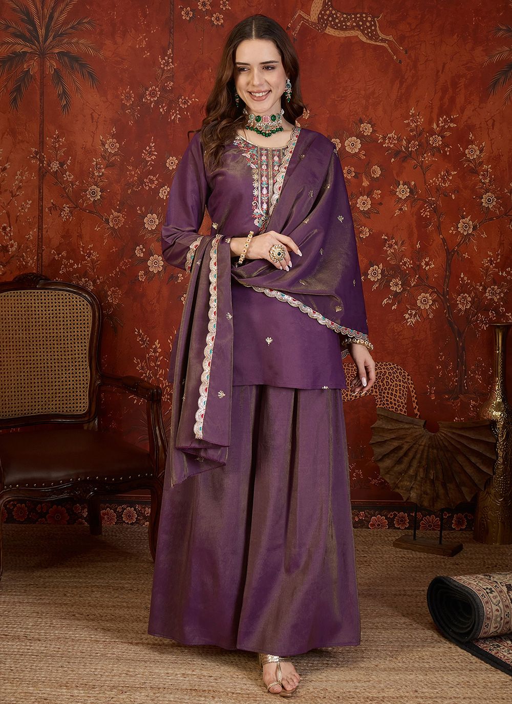Shimmer Embroidered Readymade Salwar Suit in Purple - Buy Online