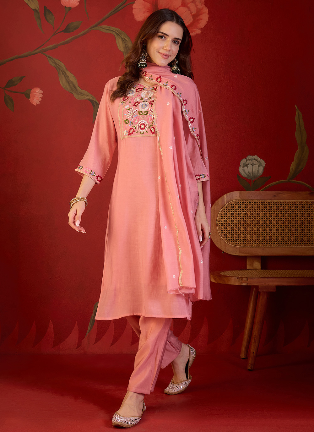 Peach Cotton Embroidered Festival Salwar Kameez - Buy Online