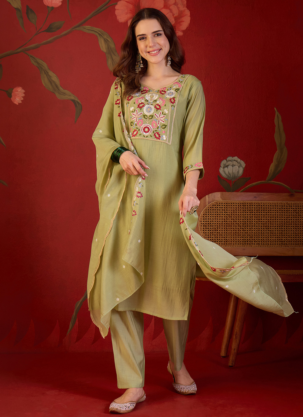 Cotton Green Embroidered Salwar Suit for Ceremonial - Buy Online